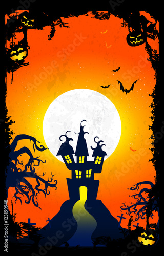 Halloween night orange sky with Castle, creepy Tree, pumpkins, B