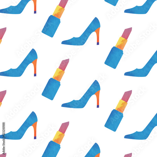 Seamless watercolor pattern of women fashion icons. Lipstick and court shoes. Vector illustration.