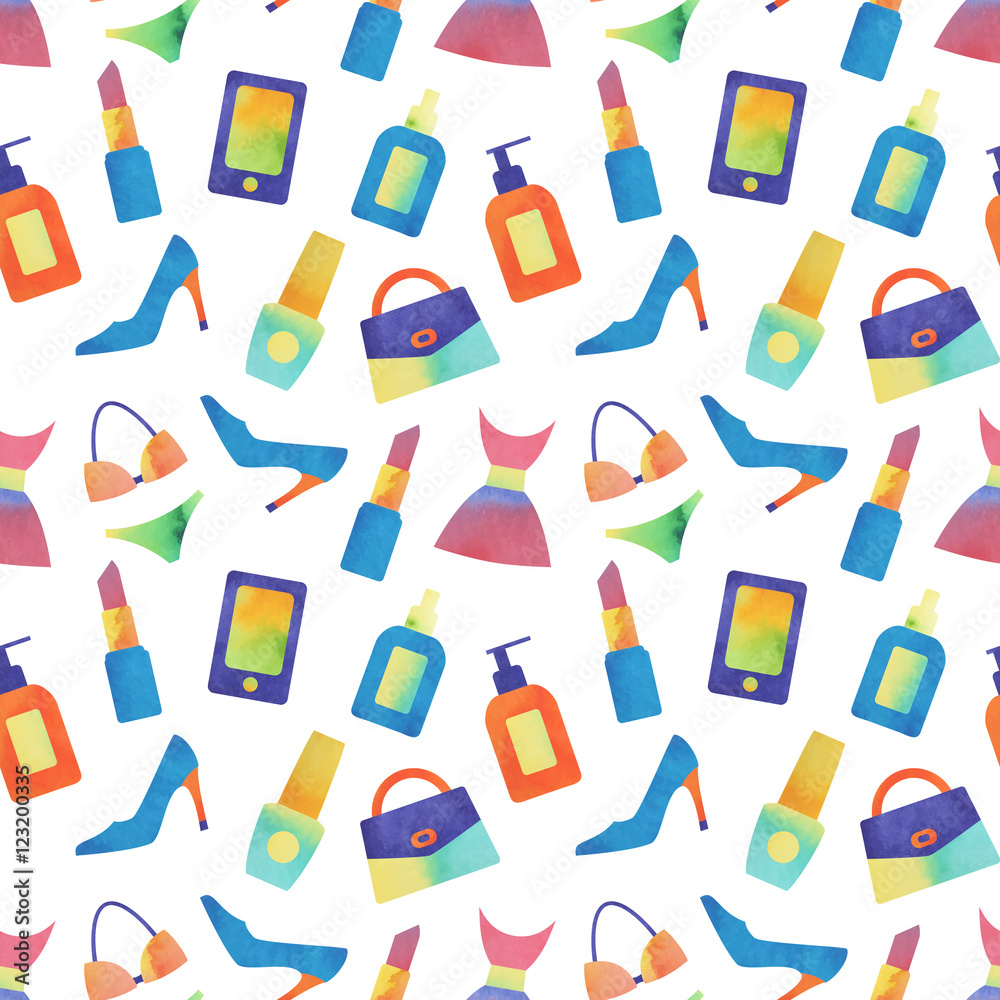 Seamless watercolor pattern of women fashion icons. Vector illustration.