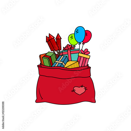 Colorful Red Bag of Santa Claus Isolated on White Background  Bag with Gifts and Multicolored Firecrackers and Balloons  Vector Illustration