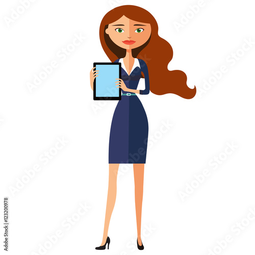 Happy woman character with tablet flat cartoon vector illustration