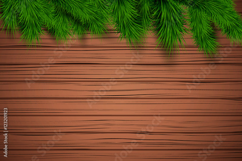 Christmas wooden background with spruce fir tree with space for text. Top view. Winter Holiday xmas mockup and backdrop. Vector Illustration.