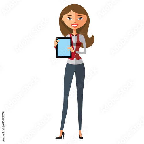 Blond business woman character using tablet. Young banker with tablet vector flat cartoon illustration