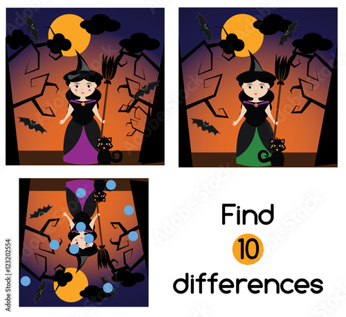 Find the differences educational children game. Kids activity sheet, with halloween witch character