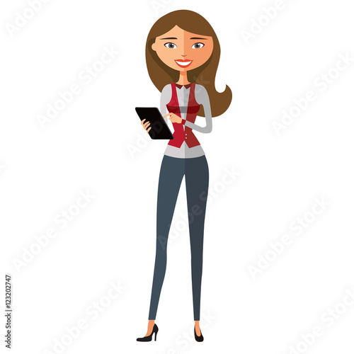 Businesswoman using tablet device flat cartoon vector illustration isolated on a white background