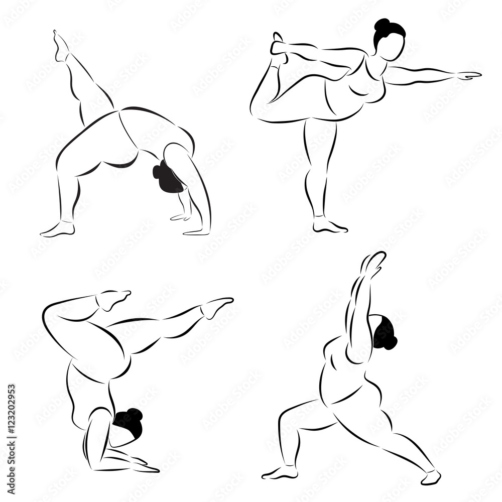 Set of plus size flexible sporty woman doing yoga fitness. Set of various  silhouette yoga poses. Body positive. Vector set of yoga illustration, eps  10. Stock Vector