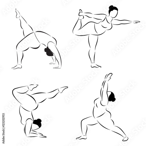 Set of plus size flexible sporty woman doing yoga fitness. Set of various silhouette yoga poses. Body positive. Vector set of yoga illustration, eps 10.