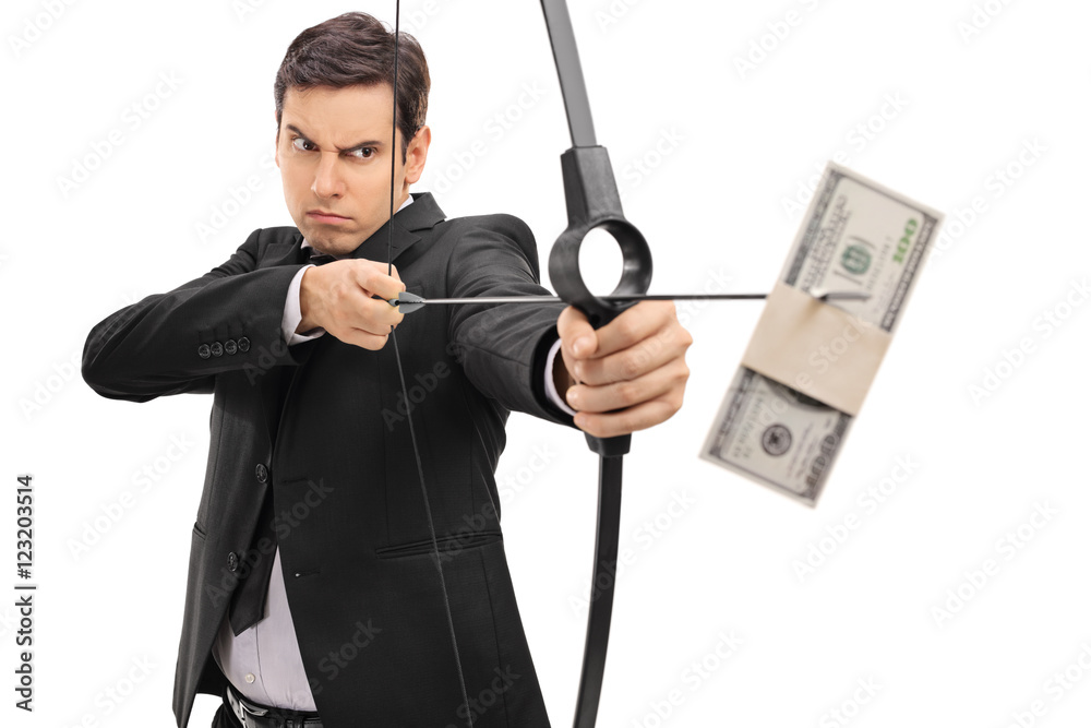 Businessman aiming with bow and arrow with money Businessman aiming with bow and arrow with money