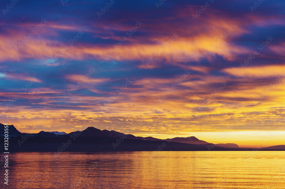 Winter sunset over lake Geneva, Switzerland