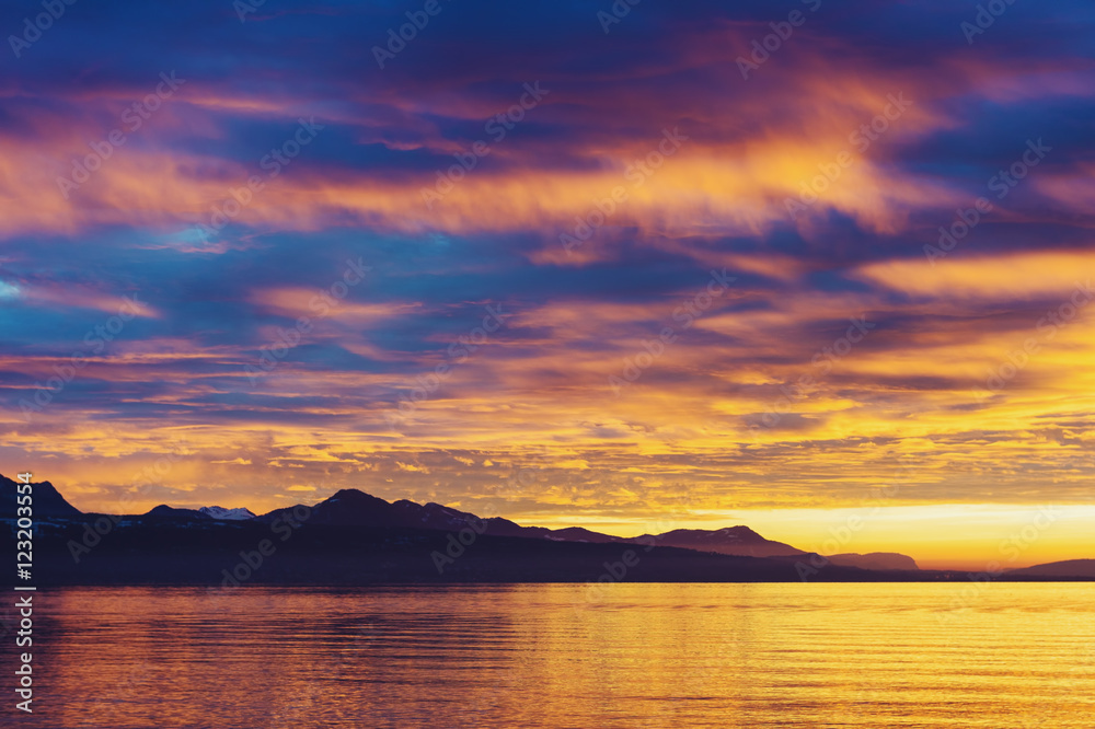 Winter sunset over lake Geneva, Switzerland Winter sunset over lake Geneva, Switzerland