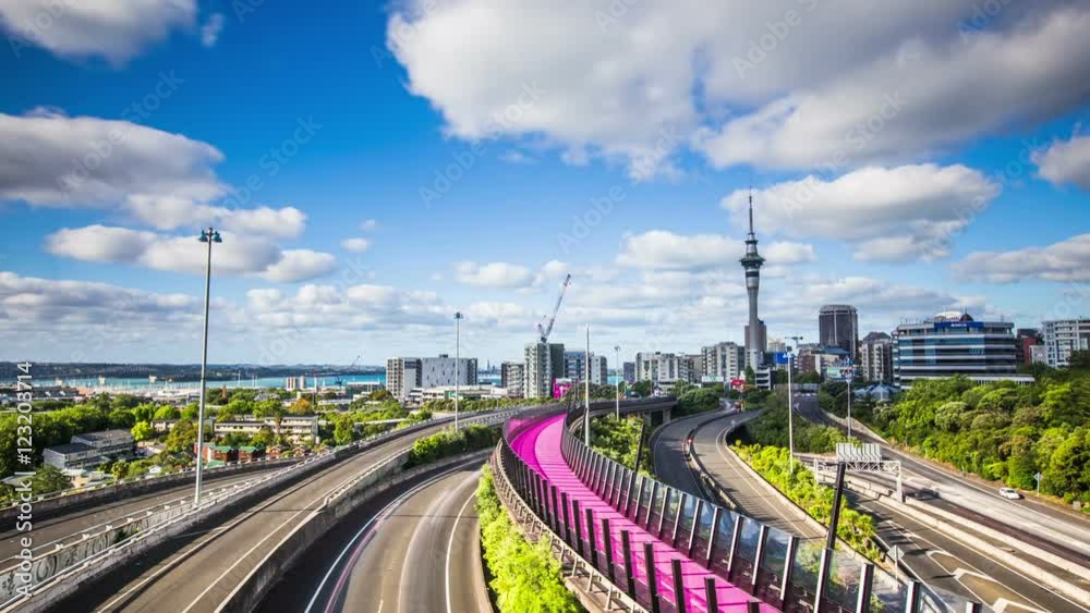 Time Lapse - Highway in Auckland City with the Sky Tower, New Zealand