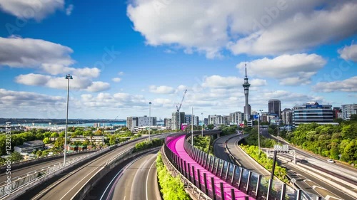 Time Lapse - Highway in Auckland City with the Sky Tower, New Zealand