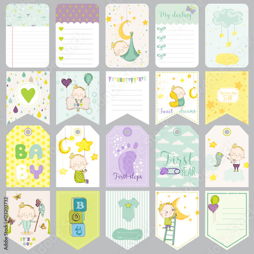 Baby Boy Tags. Baby Banners. Scrapbook Labels. Cute Cards. Vector Cards