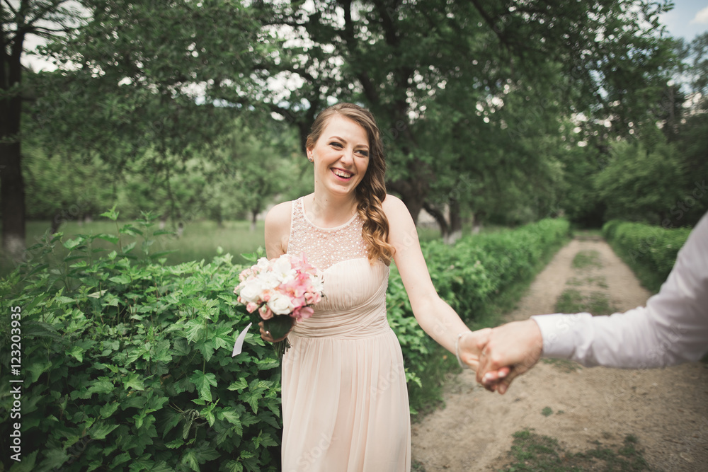 beautiful wedding couple in park. kiss and hug each other beautiful wedding couple in park. kiss and hug each other