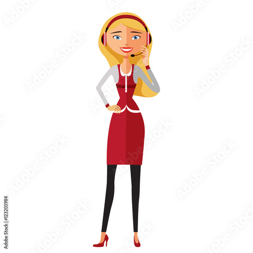 Female call centre operator wearing headset flat cartoon vector illustration