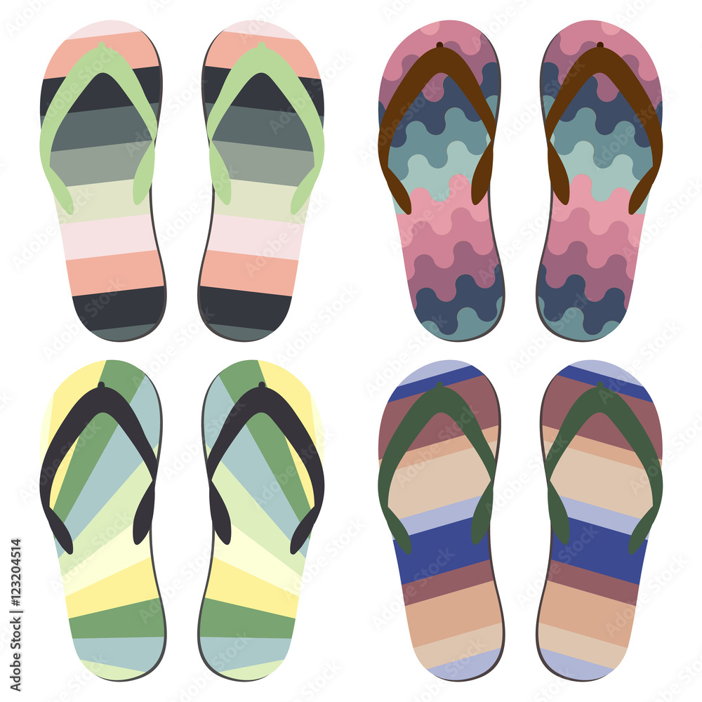 Set of Beach Slippers. Different Styles and Colors of Summer Flip Flops Over White Background
Set of Beach Slippers. Different Styles and Colors of Summer Flip Flops Over White Background