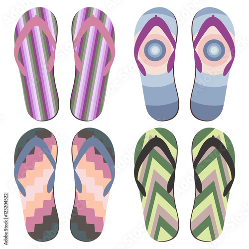 Set of Beach Slippers. Colorful Summer Flip Flops Over White Background
