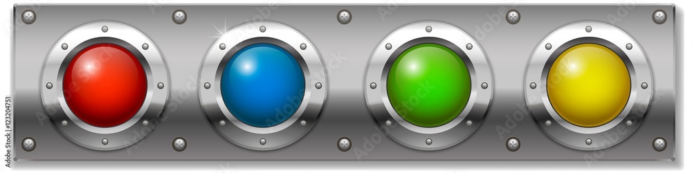 Set of multicolored round buttons, panel ignition on or start the instrument. Vector graphics Set of multicolored round buttons, panel ignition on or start the instrument. Vector graphics