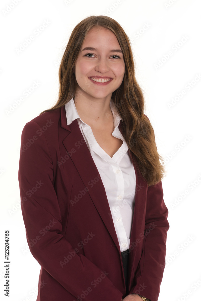 Bewerbungsfoto einer jungen Studentin - Lächelnde junge Frau auf weißem Hintergrund Bewerbungsfoto einer jungen Studentin - Lächelnde junge Frau auf weißem Hintergrund