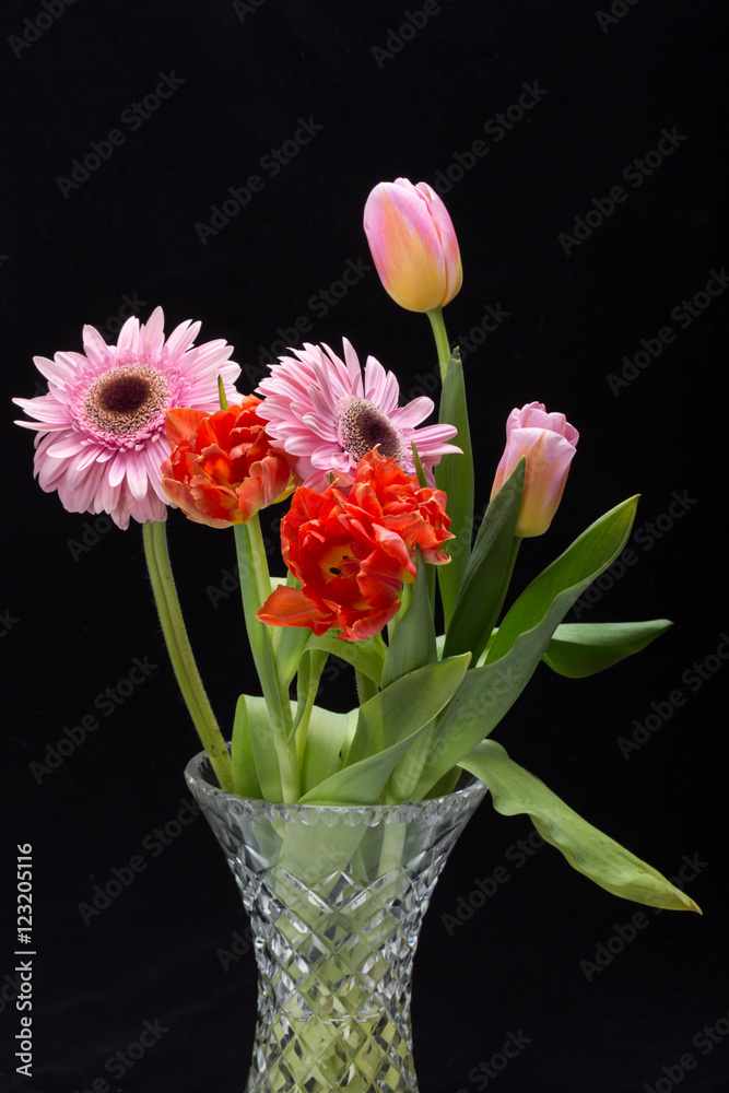 colorful bouquet of fresh spring tulips and gerbera flowers