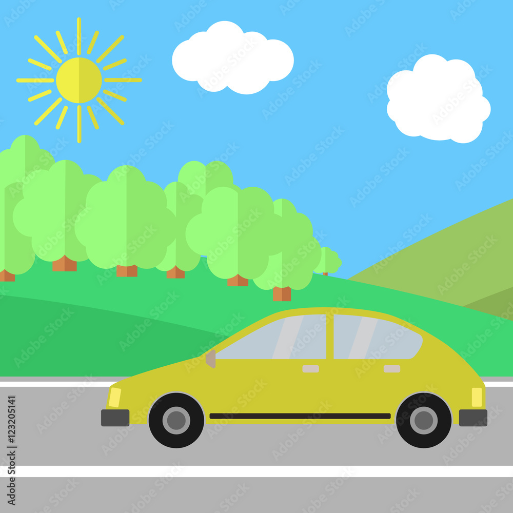 Yellow Car on a Road on a Sunny Day. Summer Travel Illustration.
