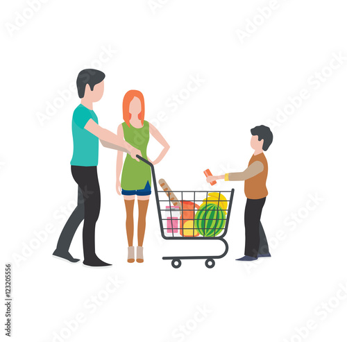 Family at the supermarket flat style illustration. Families with shopping carts in supermarket. People make purchases. isolate on white background
