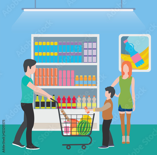 Family at the supermarket flat style illustration. Families with shopping carts in supermarket. People make purchases.