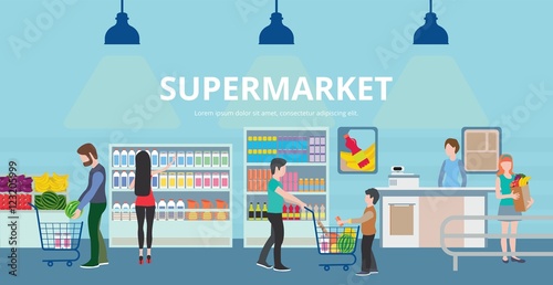 People in supermarket interior design. People shopping, marketing people, market shop interior, customer in mall, retail store flat vector illustration