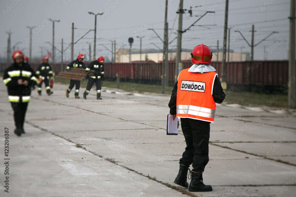 firemen in action, Firefighters exercises train accident, chemical contamination
