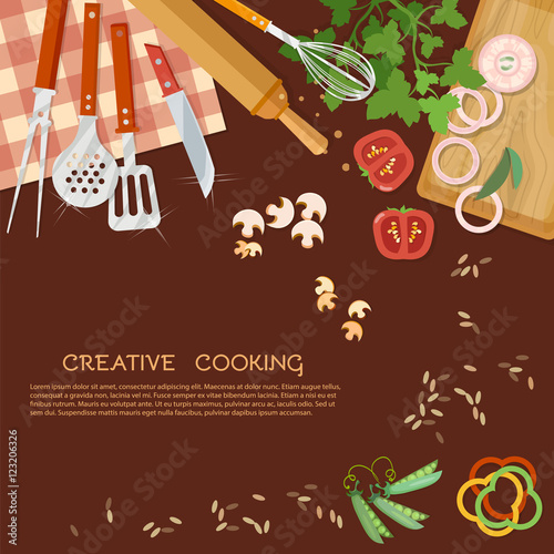 Creative cooking kitchen background kitchenware top view