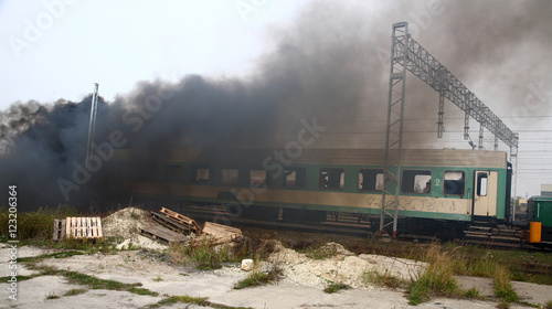 Obraz na płótnie firemen in action, Firefighters exercises train accident, chemical contamination
w salonie