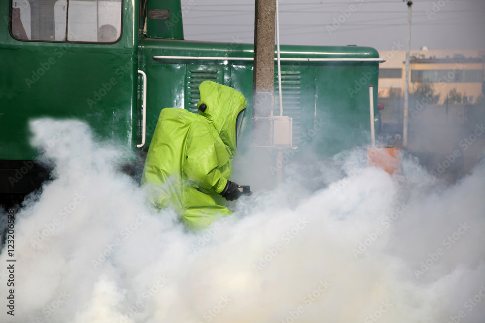firemen in action, Firefighters exercises train accident, chemical contamination