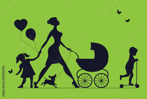 Woman with two children and dogs. Super mother 