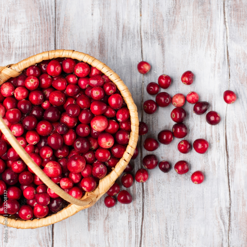 Harvest fresh red cranberries in wicker basket, top view
