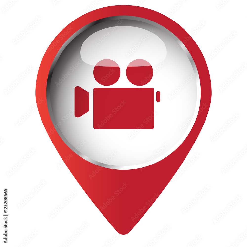 Map pin symbol with Video Camera icon. Red symbol on white backg Map pin symbol with Video Camera icon. Red symbol on white backg