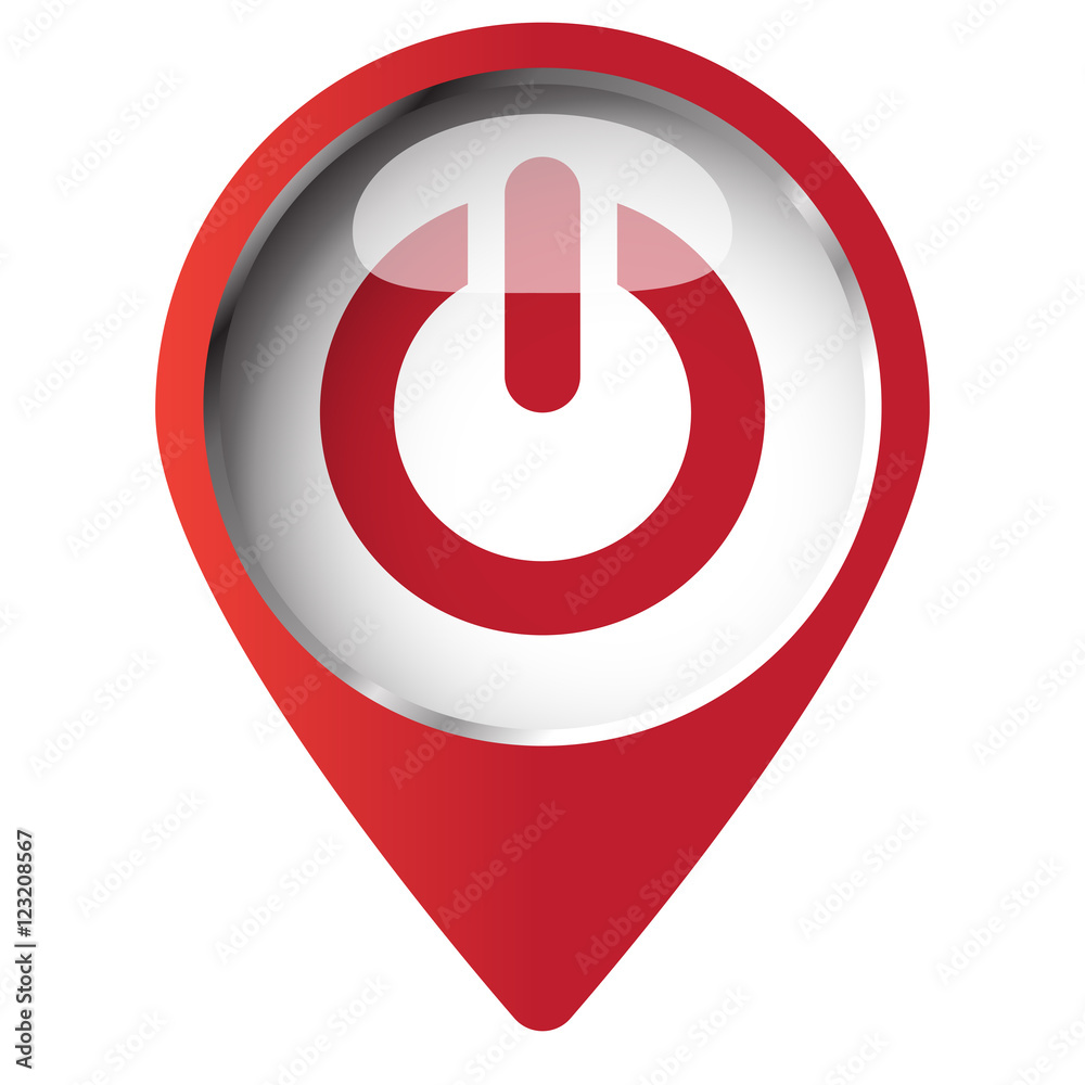 Map pin symbol with Power icon. Red symbol on white background.