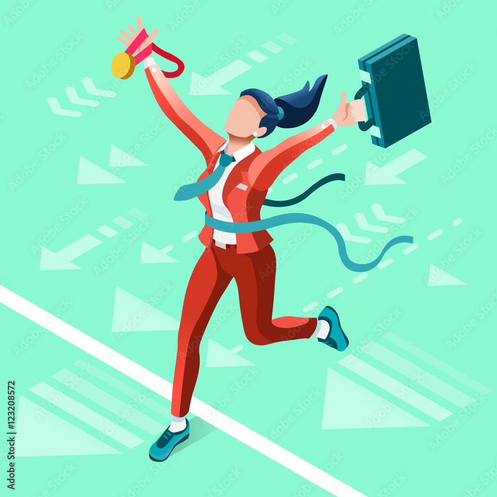 Fototapeta premium Isometric people isolated Businesswoman. Business success applicant woman candidate research infographic. Target Job Now Hiring concept. HR role & ambition. Businesspeople 3D character ambitious win