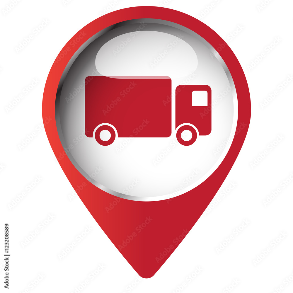 Map pin symbol with Delivery Truck icon. Red symbol on white bac Map pin symbol with Delivery Truck icon. Red symbol on white bac