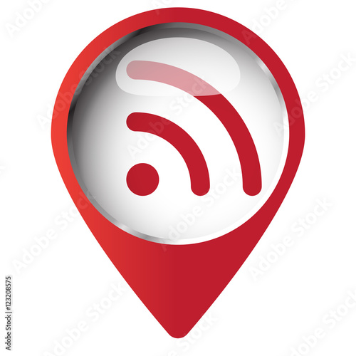 Map pin symbol with Rss icon. Red symbol on white background.