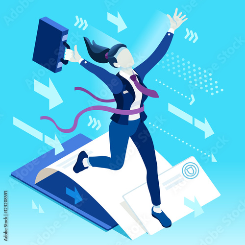 Isometric people isolated Businesswoman. Business success applicant woman candidate research infographic. Target Job Now Hiring concept. HR role & ambition. Businesspeople 3D character ambitious win