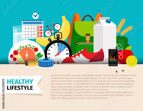 Healthy lifestyle concept. Training equipment and fitness clothes for sport activity vector illustration
