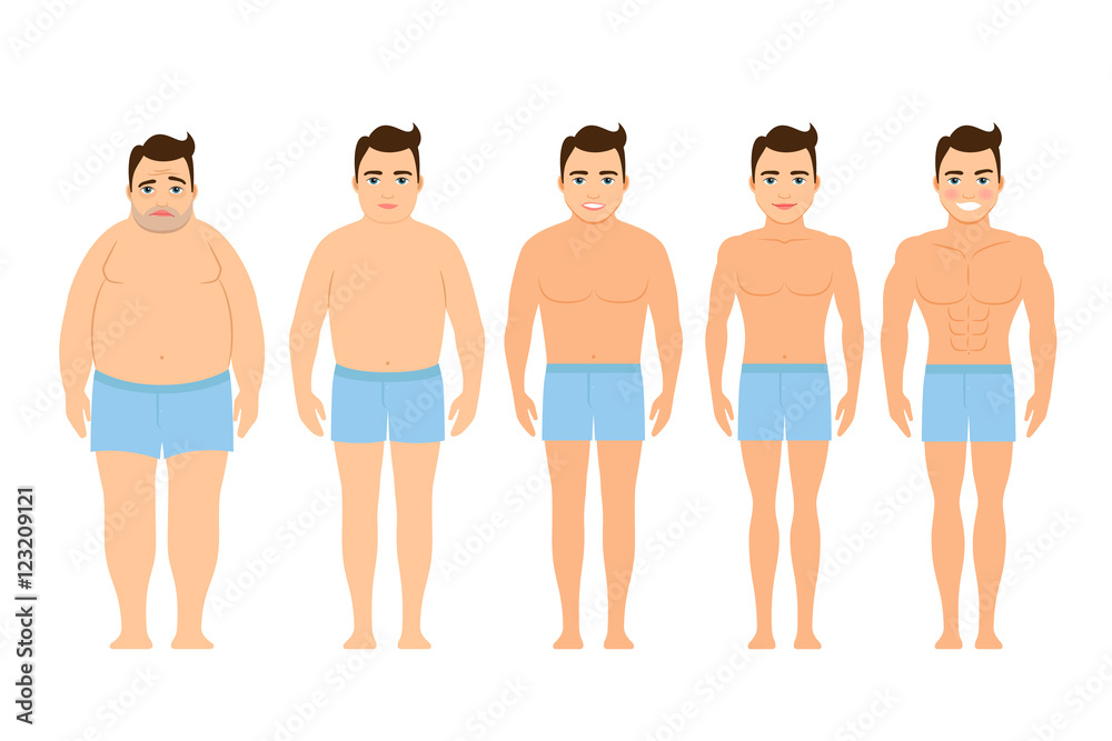Concept of diet. Man before and after a diet. Flat design, vector illustration. Overweight. Concept of diet. Man before and after a diet. Flat design, vector illustration. Overweight.