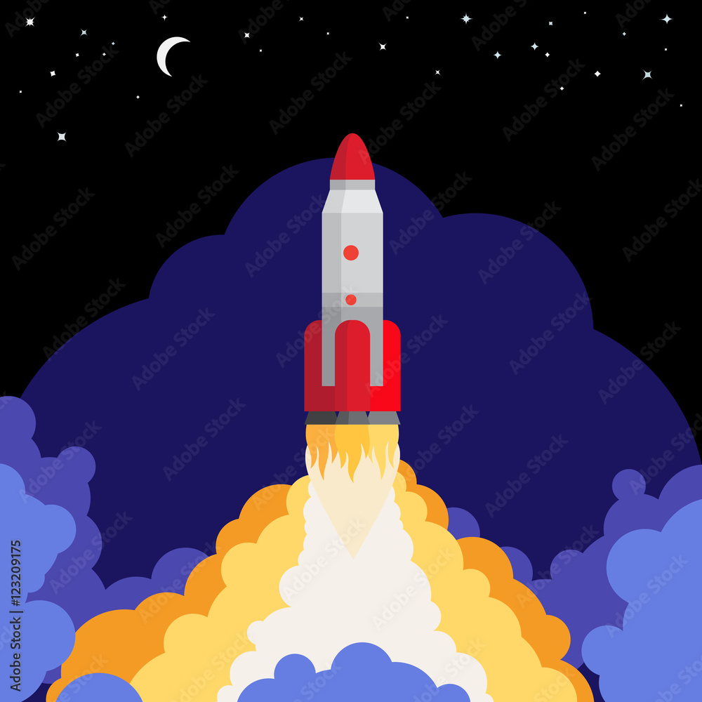 Space rocket launch against the night sky background vector illustration