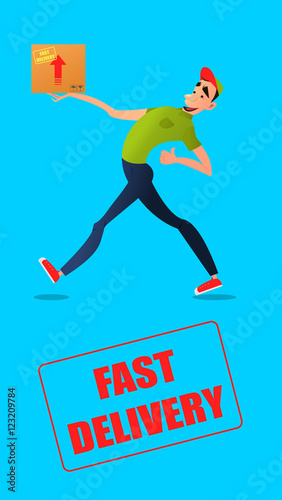 Fast free delivery. Courier runs with box on the order.Cheerful man courier.Colorful characters in a flat style