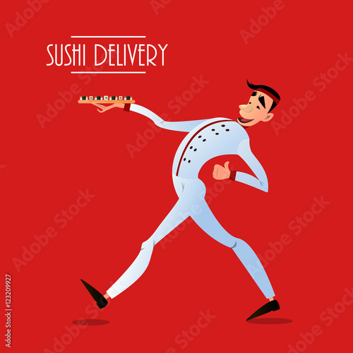 Sushi delivery poster. Sushi menu design. Japanese sushi delivers. Bright cheerful character in a flat style