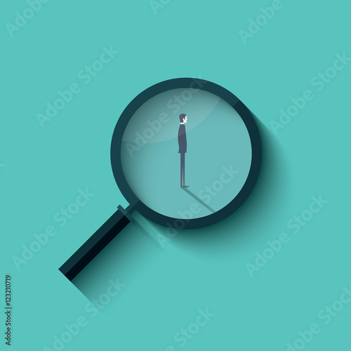 Recruitment vector with magnifying glass and businessman. Business symbol for hiring.