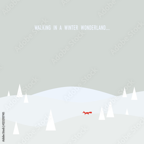 Winter wonderland concept vector illustration with nature snowy forest landscape and a fox. Christmas card template.