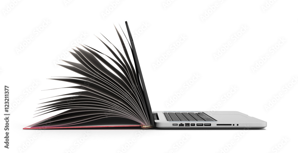 creative E-learning Concept Book and Laptop 3d render on white - obrazy, fototapety, plakaty 