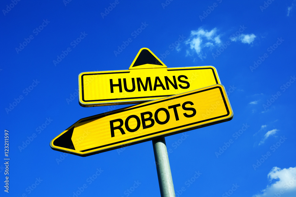 Humans or Robots - Traffic sign with two options - robotization and automation yb using machines and computers with artificial intelligence vs emotional persons with emotions Humans or Robots - Traffic sign with two options - robotization and automation yb using machines and computers with artificial intelligence vs emotional persons with emotions
