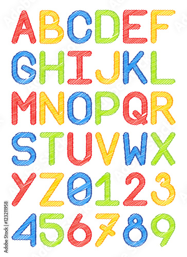 english font typeface capital letters and numbers pencil lines colorful red yellow blue green vector illustration
